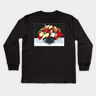 POINSETTIAS - POINSETTIA PAINTING - BLACK, GREY, RED, & GREEN Kids Long Sleeve T-Shirt